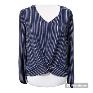 Pink Republic blue white striped blouse with faux twisted knot at hem size small